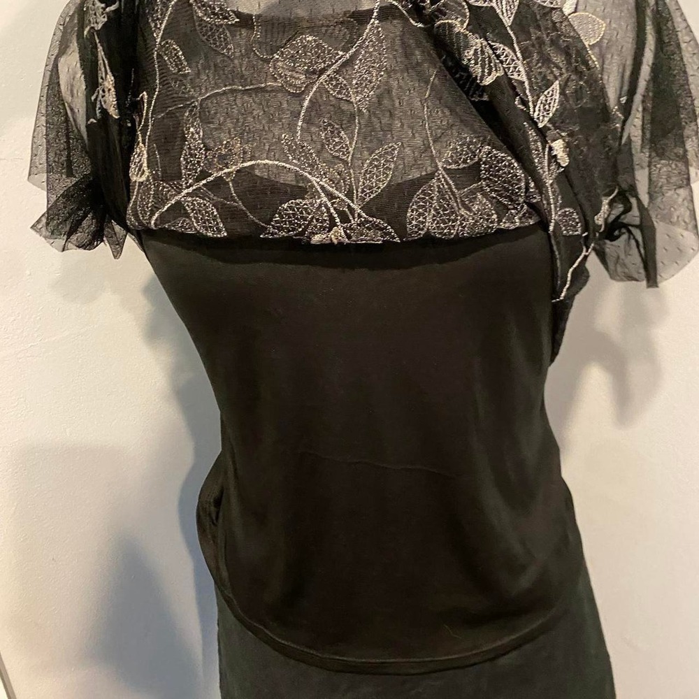 Black Sheer Mesh Floral Embroidered Flutter Sleeve Top - Picture 3 of 5